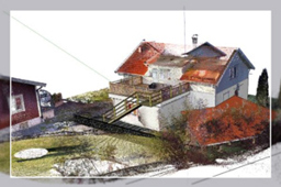 Point cloud scan of a residential exterior created using Trimble products.
